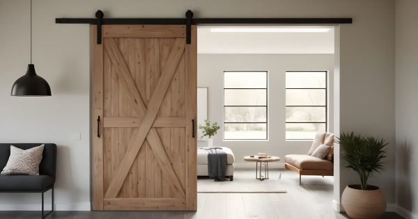 puerta corredera tipo granero rustica en una habitacion de lujo